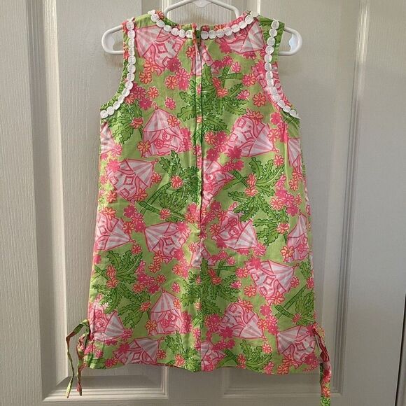 Lilly Pulitzer Shift Dress Palm Trees Floral Tents Pink Green Girls Size 5 - Picture 11 of 15
